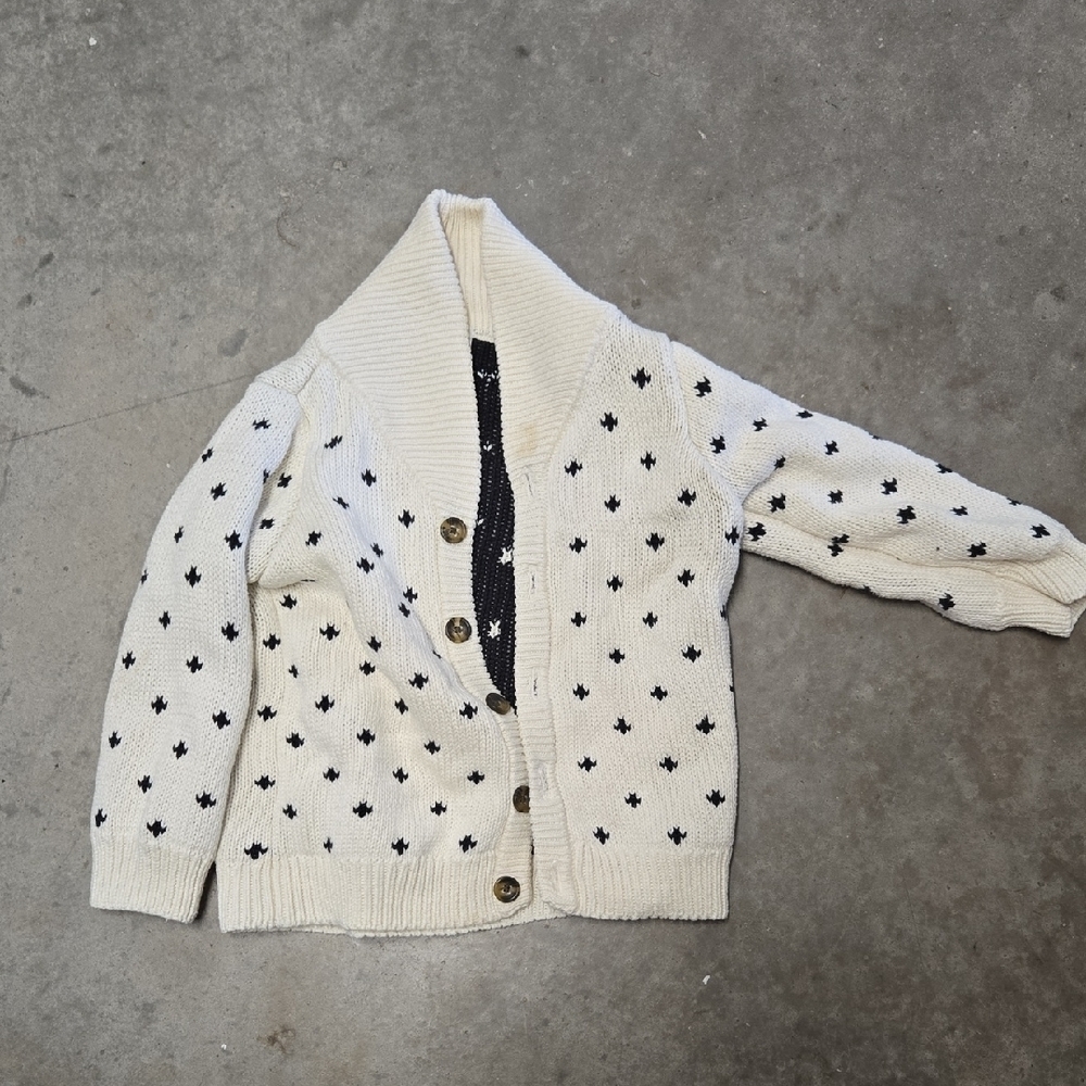 Hanna Andersson Cream and Black Knit Cardigan, Oversized Collar, 12-18, GUC